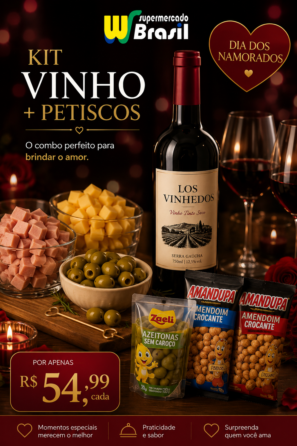 Kit Vinho e Petiscos com vinho Los Vinhedos, queijo, presunto, azeitonas Zaeli e amendoim Amandupa
